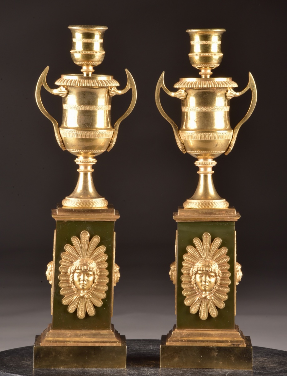 Pair Of Empire Gilded Bronze Candlesticks With Interchangeable Flames – France, Circa 1810