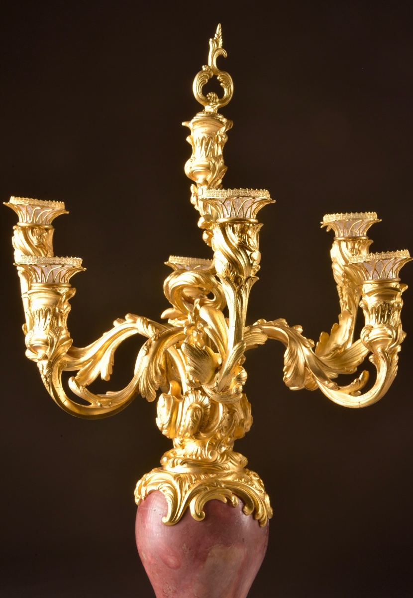 Grande Paire de Candélabres Napoléon III à Six Lumières en Bronze Doré et Marbre Rouge -photo-3