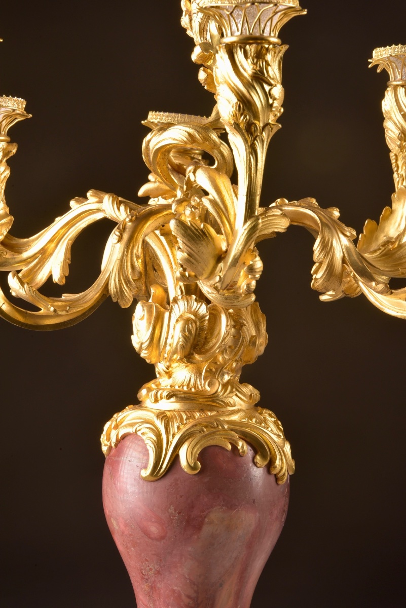 Grande Paire de Candélabres Napoléon III à Six Lumières en Bronze Doré et Marbre Rouge -photo-4