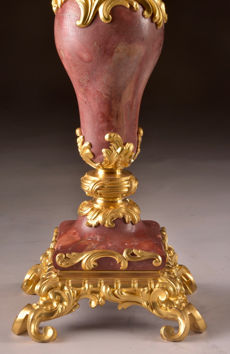 Grande Paire de Candélabres Napoléon III à Six Lumières en Bronze Doré et Marbre Rouge -photo-1
