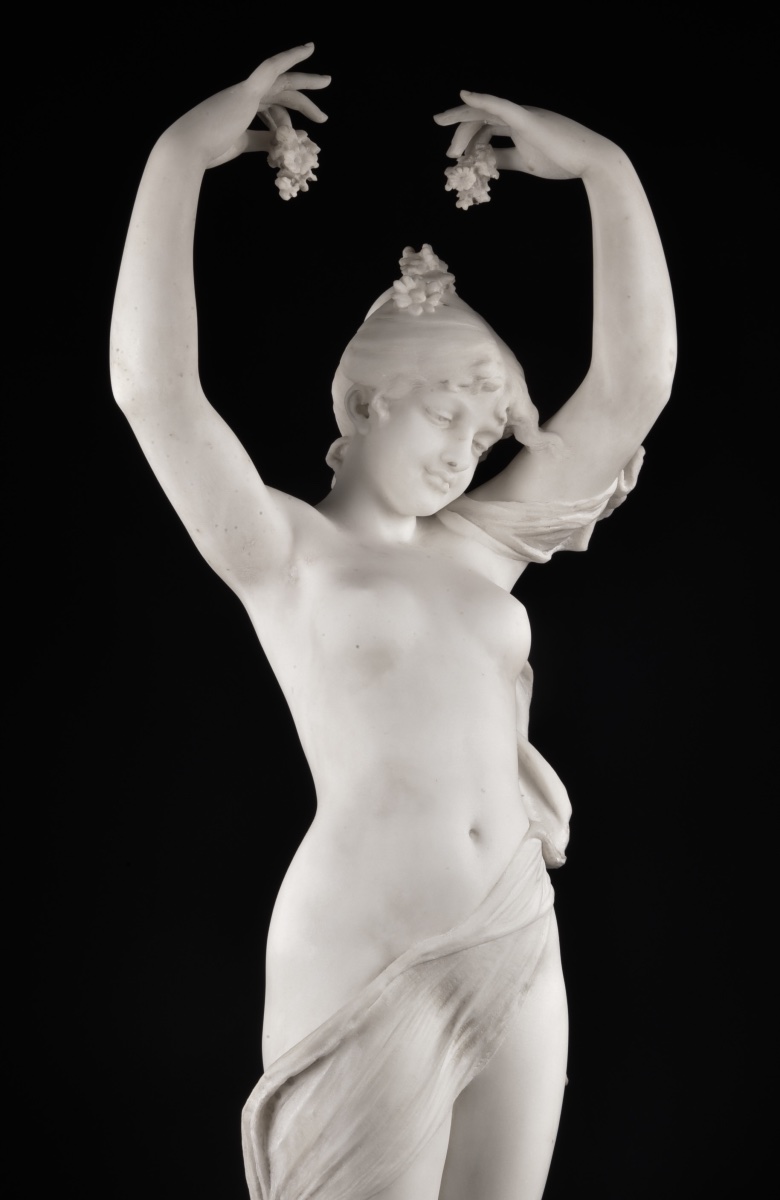 Cesare Lapini – "flore," Large Signed Carrara Marble Sculpture, 19th Century, H. 106 Cm-photo-4