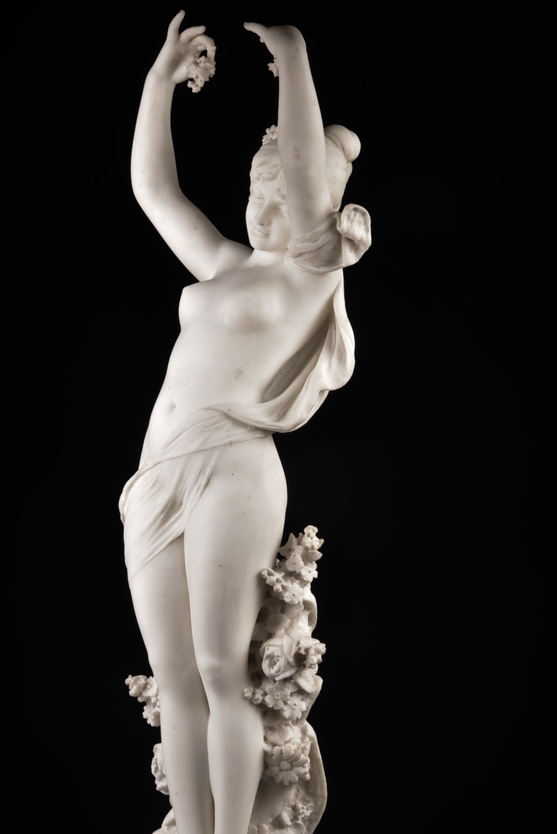 Cesare Lapini – "flore," Large Signed Carrara Marble Sculpture, 19th Century, H. 106 Cm-photo-1