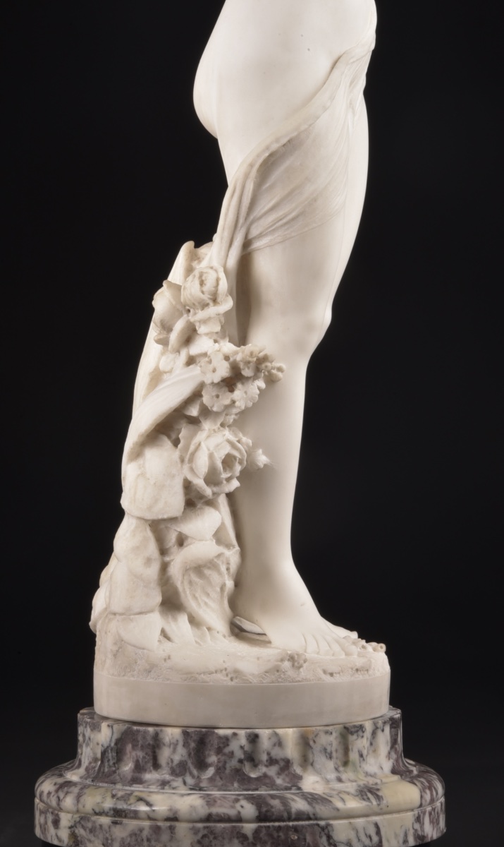 Cesare Lapini – "flore," Large Signed Carrara Marble Sculpture, 19th Century, H. 106 Cm-photo-5
