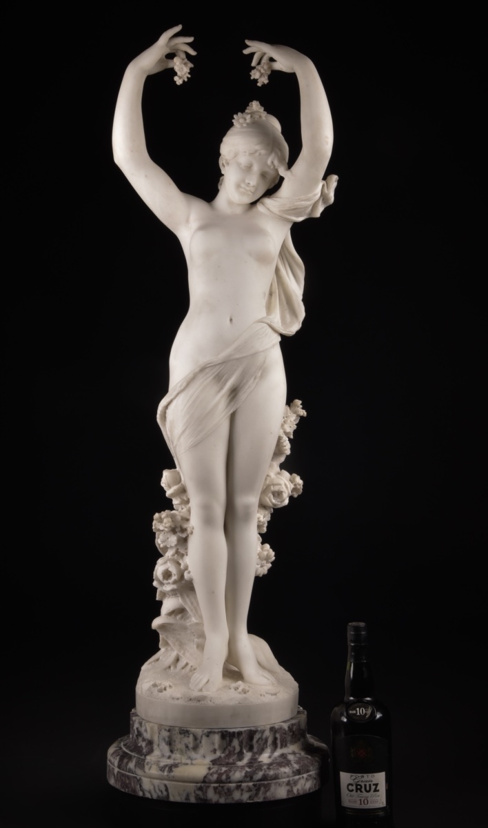 Cesare Lapini – "flore," Large Signed Carrara Marble Sculpture, 19th Century, H. 106 Cm-photo-6
