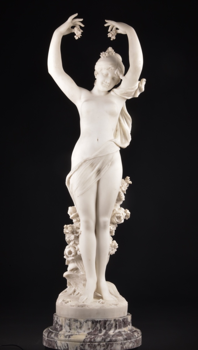 Cesare Lapini – "flore," Large Signed Carrara Marble Sculpture, 19th Century, H. 106 Cm