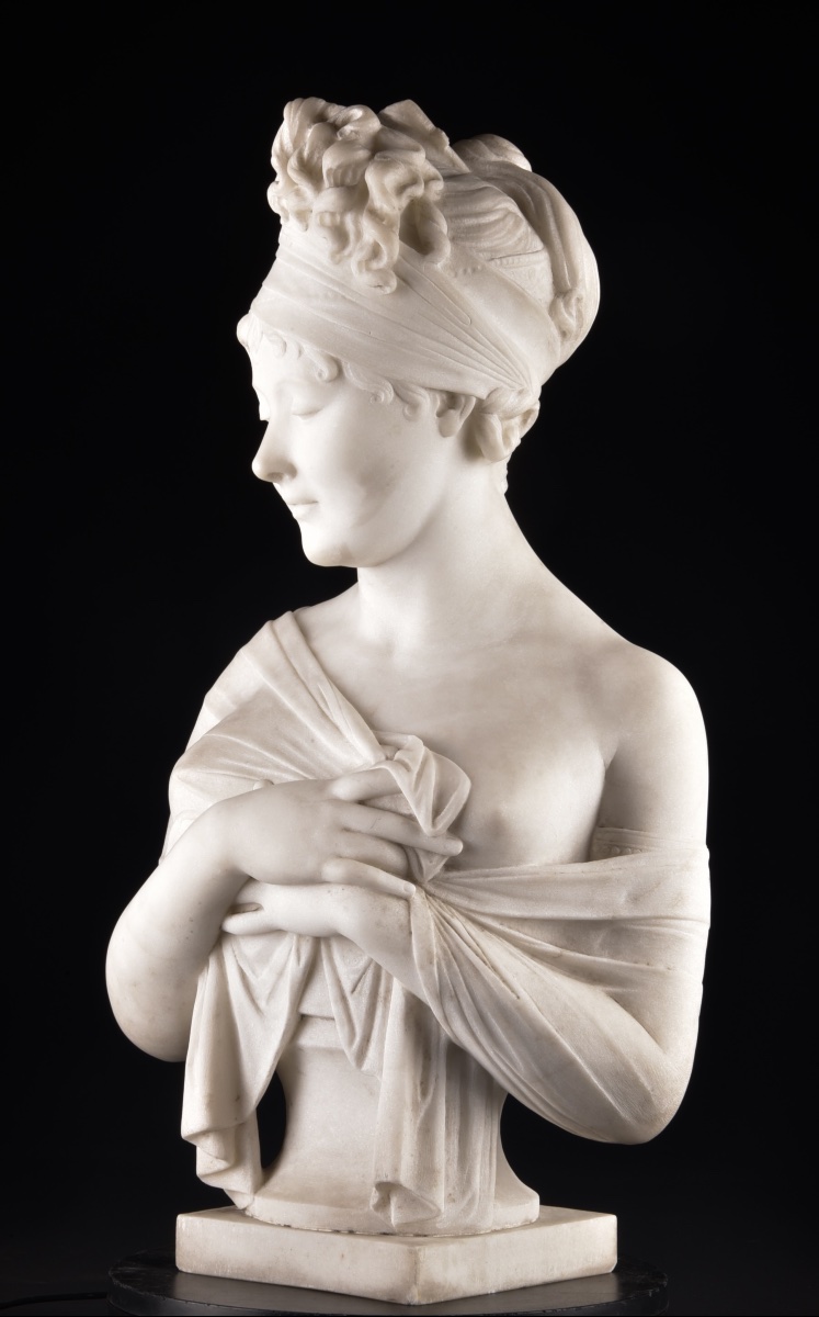 Madame Récamier – Magnificent Neoclassical Bust In Carrara Marble-photo-2