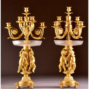 A Magnificent Pair Of Candelabra / Centerpiece, Crystal And Gilt Bronze, Napoleon III