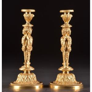 Louis XVI Style Gilt Bronze Candlesticks After Pierre Gouthière (1732 - 1813)