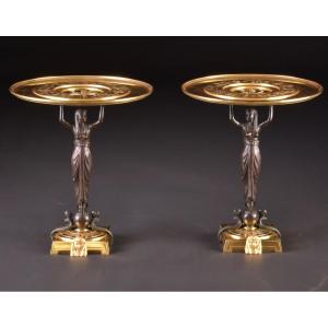 Pair Tazza / Dish “return From Egypt” - Gilt And Patinated Bronze - 19th Century