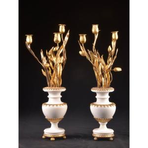 A Pair Of Louis XVI Candelabra In White Marble And Gilded Bronze