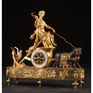 Louis XVI Mantel Clock "the Chariot Of Ceres", In Gilded And Patinated Bronze