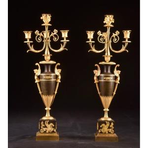 Attributed To Claude Galle, A Pair Of Large Double-function Empire Bronze Candlesticks