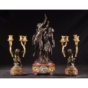 Large Three-piece Clock In Gilded Bronze, Bronze And Marble After Clodion