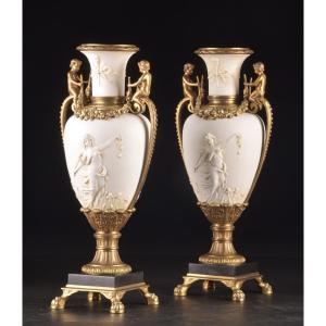 Pair Of Napoleon III Vases In Biscuit And Gilt Bronze