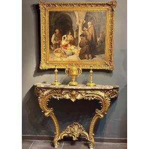 Louis XV Style Giltwood Console With Marble Top, France, 19th Century