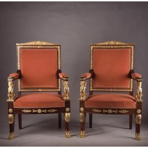 Pair Of 19th Century Empire-style Armchairs With Ormolu Sphinxes
