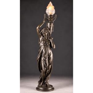 Émile Louis Picault (1833–1915) – Grande Torchère En Bronze, Femme à La Flamme, H. 120 Cm