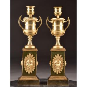 Pair Of Empire-style Gilded Bronze Candlesticks With Interchangeable Flames – France, Circa 1810