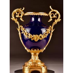 Large Cobalt-blue And Gilded Bronze Porcelain Vase – Napoleon III Period