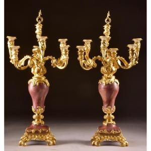 Large Pair Of Six-light Napoleon III Candelabras In Gilded Bronze And Red Marble