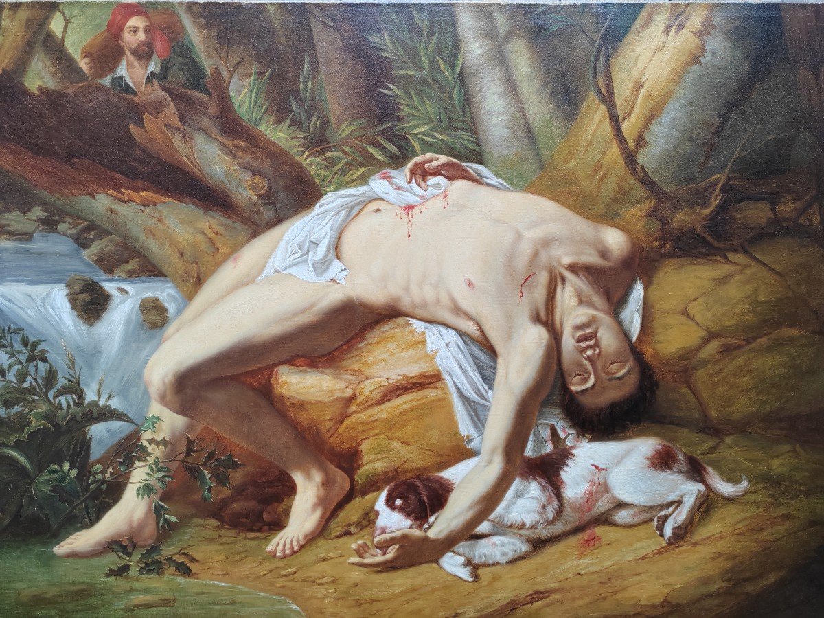 Large Painting Around 1830 The Wounded Man And His Dog French School-photo-3