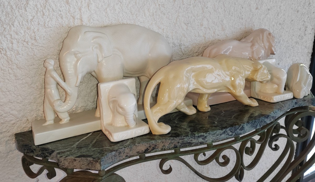 Large Lot Of Crackle Art Deco Panther Lion Elephant-photo-4