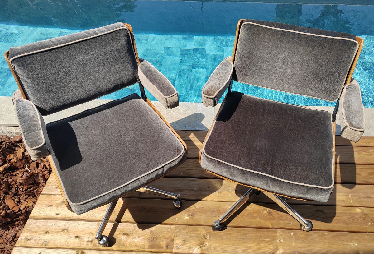Paire de fauteuils 1960 édité par Marcom design Alain Richard (1926-2017) gris taupe -photo-4