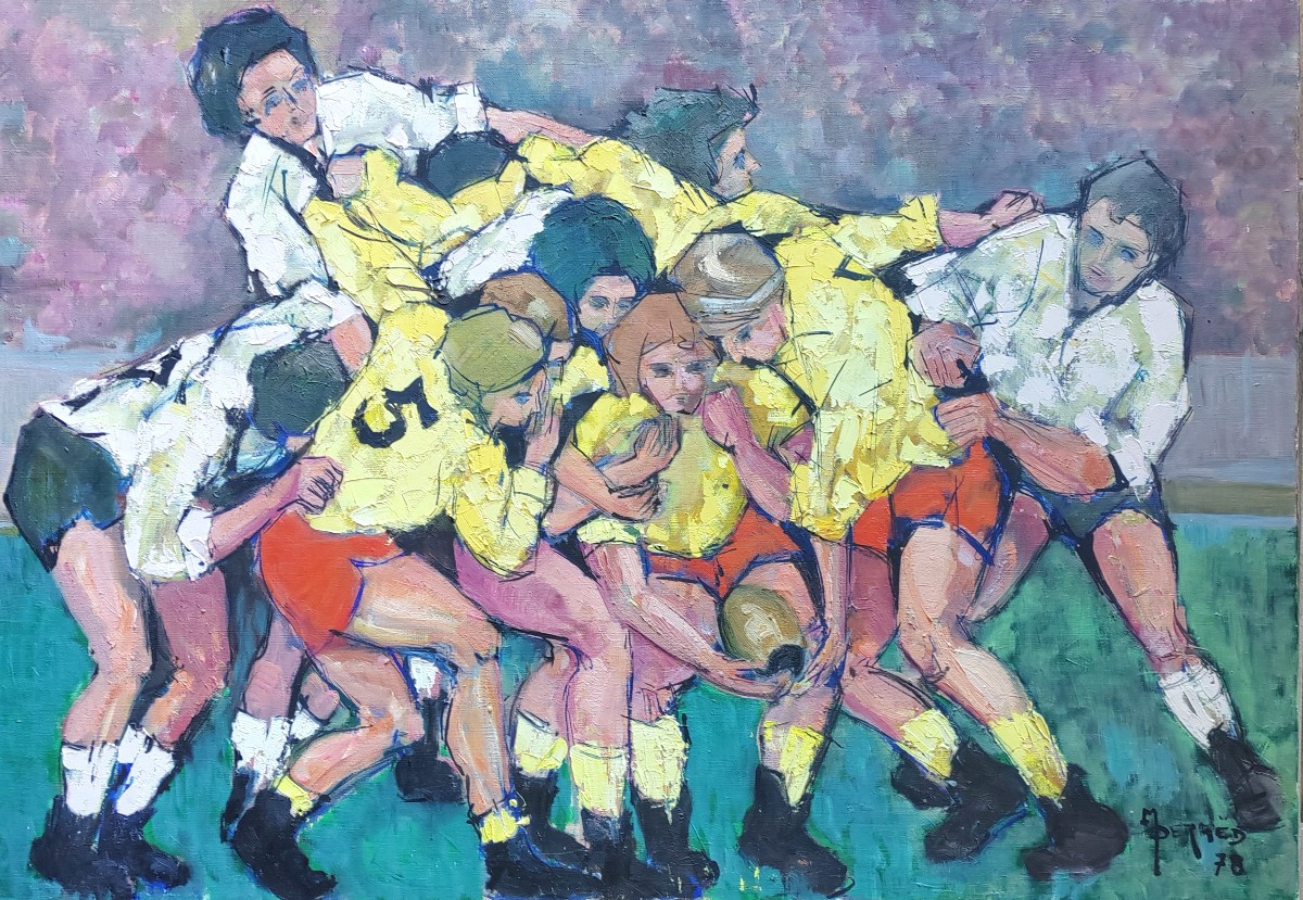 Large Signed Rugby Painting 65x92