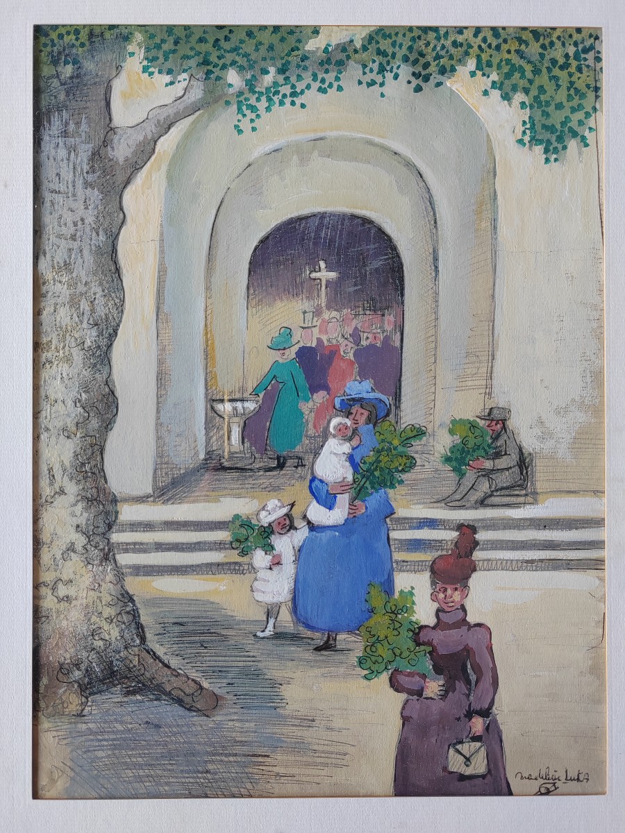 La sortie de la messe Madeleine Luka gouache La Rochelle