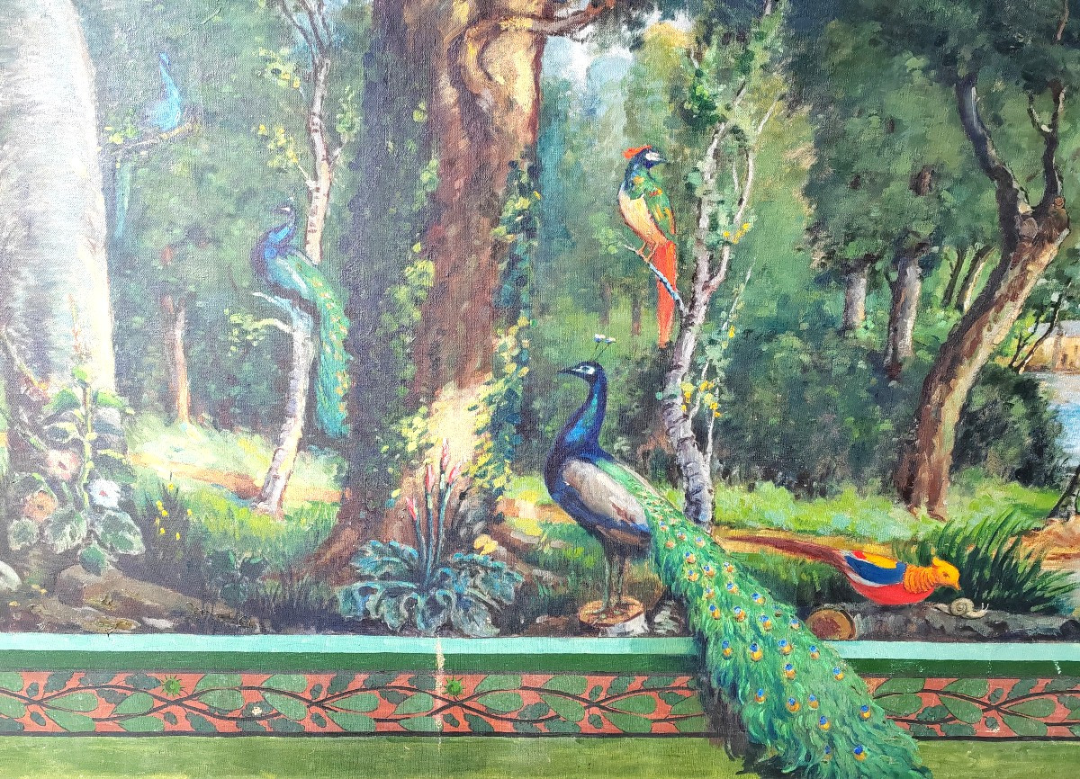 Very Large Painting Composition With Peacocks And Golden Pheasants-photo-3