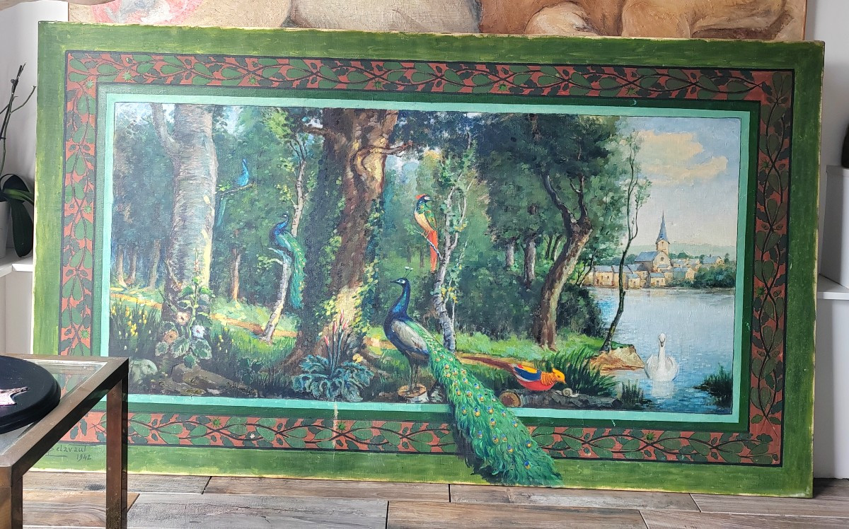 Very Large Painting Composition With Peacocks And Golden Pheasants