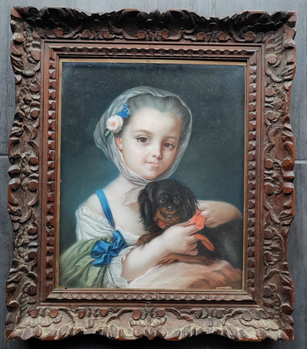 Portrait jeune fille et son petit chien école française 18 ème Louis XVI -photo-2