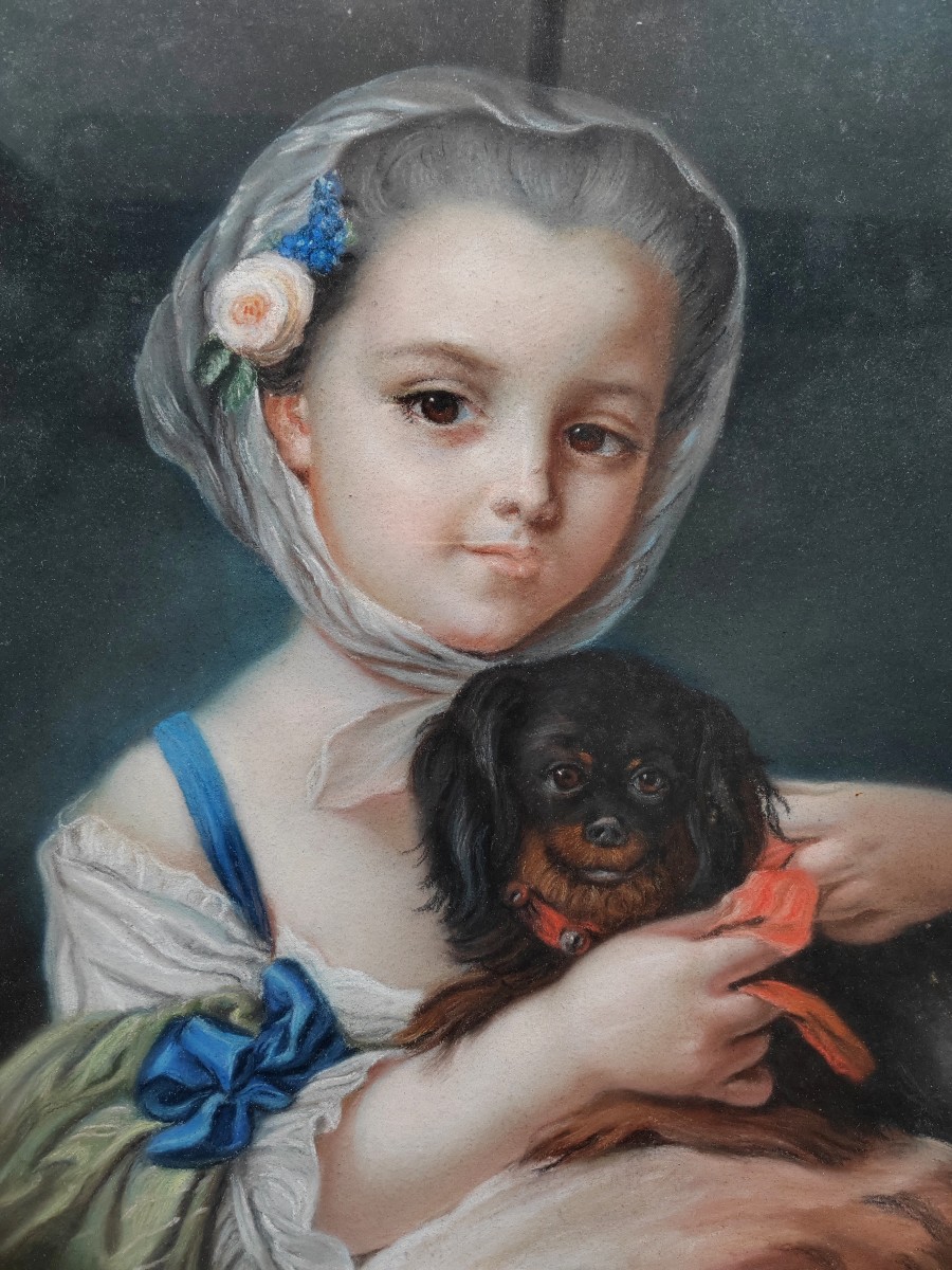 Portrait jeune fille et son petit chien école française 18 ème Louis XVI -photo-1