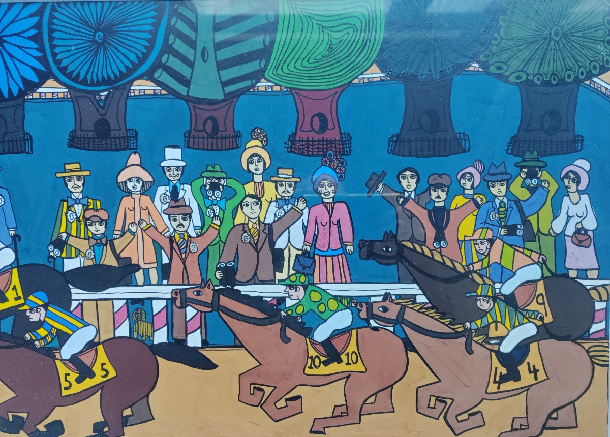 Grande gouache course hippique chevaux tiercé a identifier -photo-2