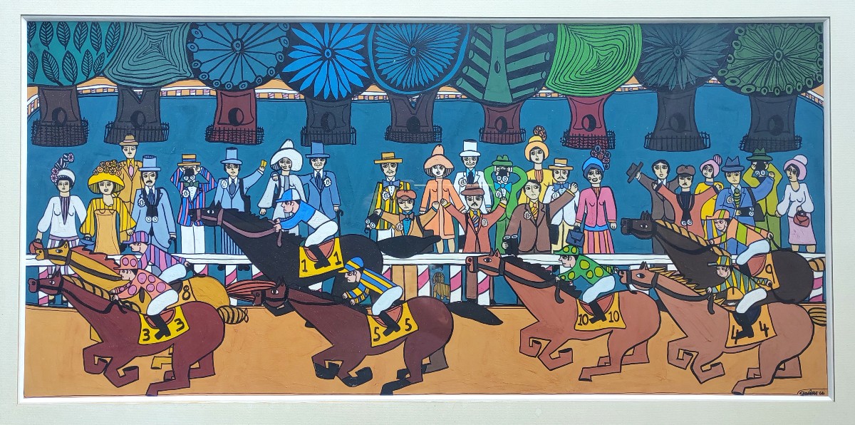 Grande gouache course hippique chevaux tiercé a identifier 