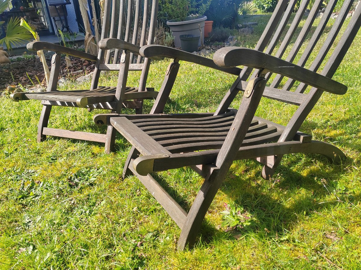 Pair Of Wooden Chaise Longues Armchairs Footrests-photo-2