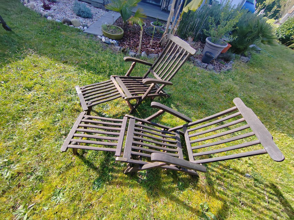 Pair Of Wooden Chaise Longues Armchairs Footrests-photo-4