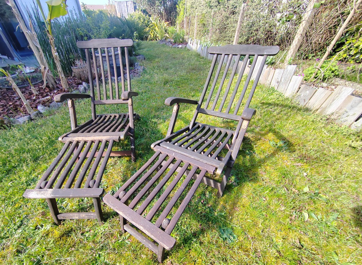 Pair Of Wooden Chaise Longues Armchairs Footrests