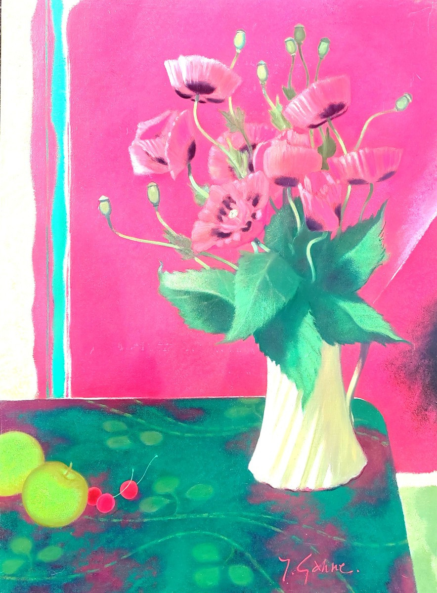 Yves Ganne Composition With Poppies Large Painting