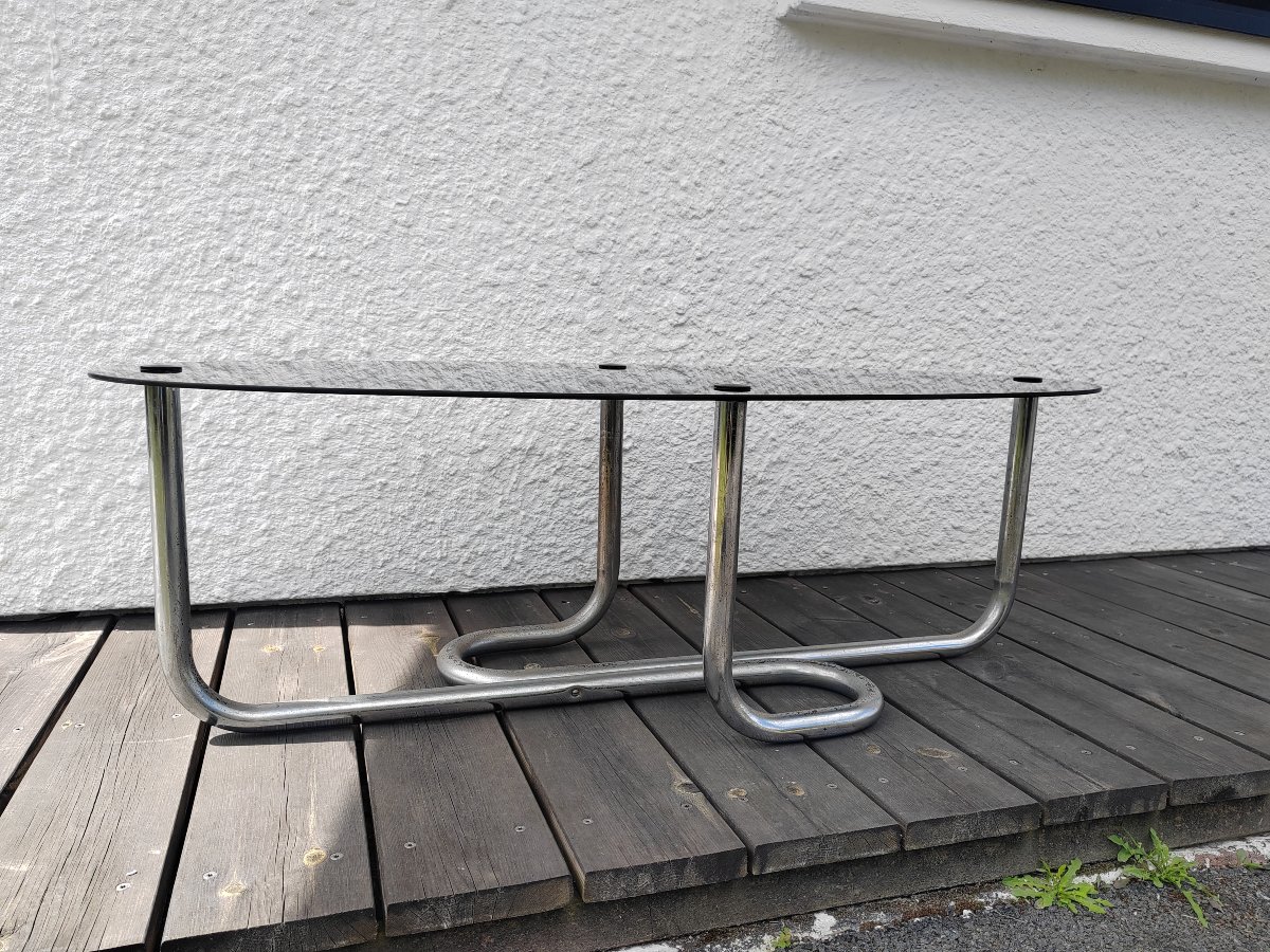 Large Vintage 1970 Coffee Table In Glass And Chrome-photo-3