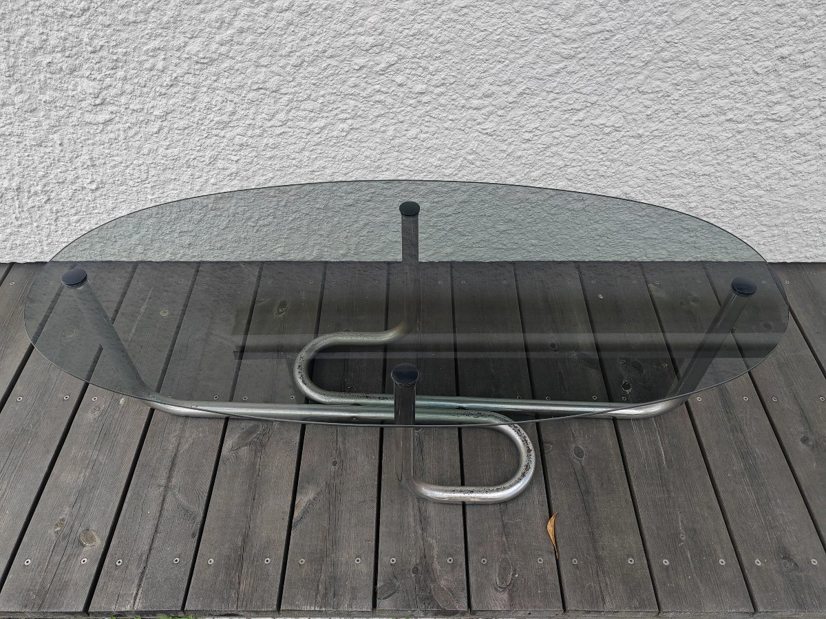 Large Vintage 1970 Coffee Table In Glass And Chrome-photo-4