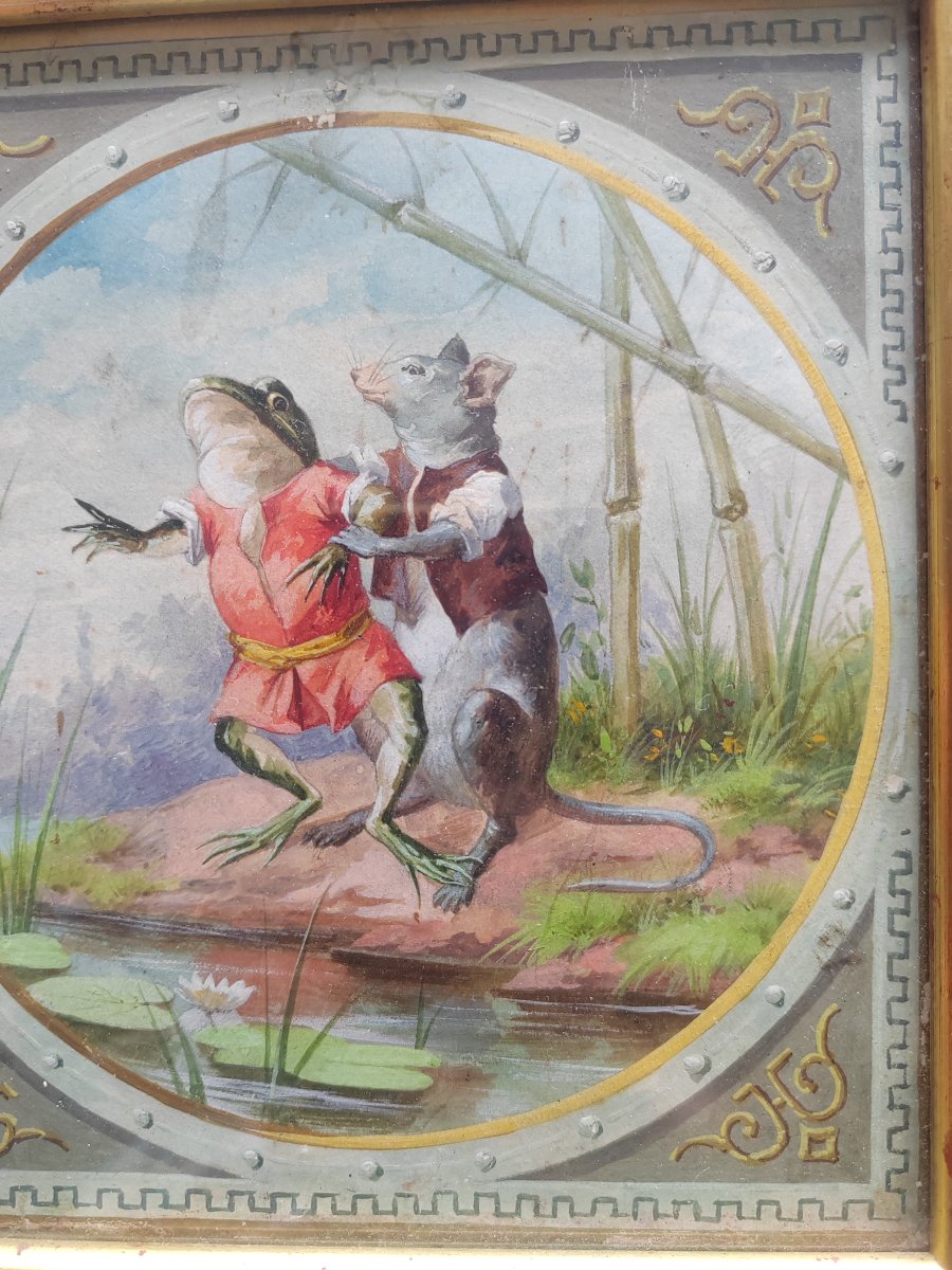 Gouache: 18th Fable, "the Frog And The Rat" By Jean De La Fontaine-photo-2