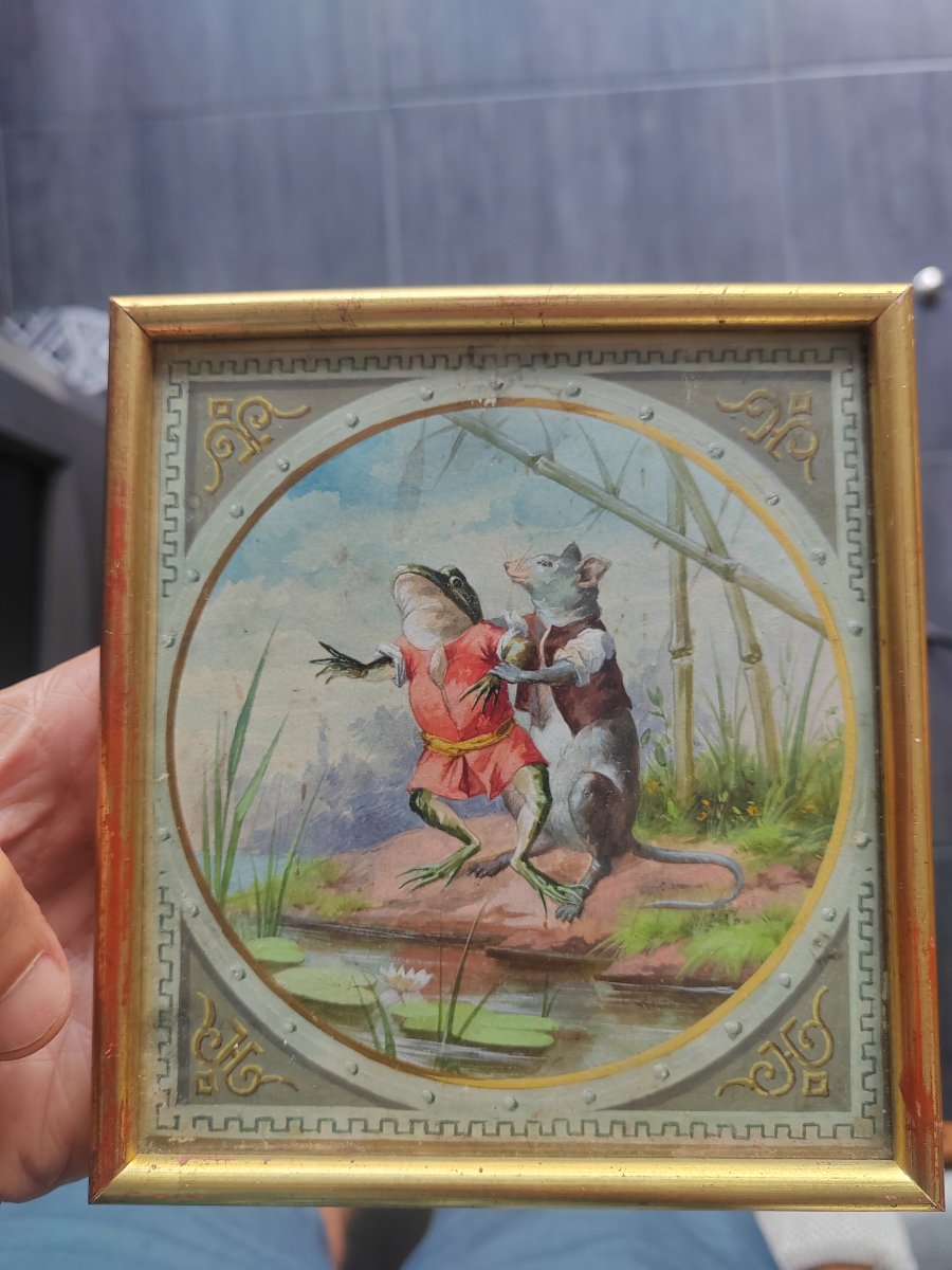 Gouache: 18th Fable, "the Frog And The Rat" By Jean De La Fontaine-photo-3