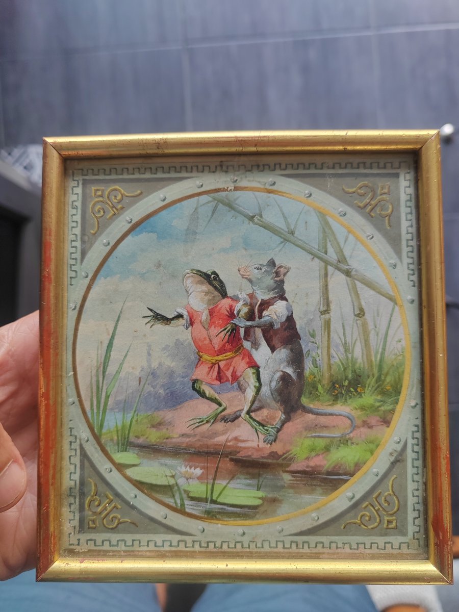 Gouache: 18th Fable, "the Frog And The Rat" By Jean De La Fontaine-photo-4