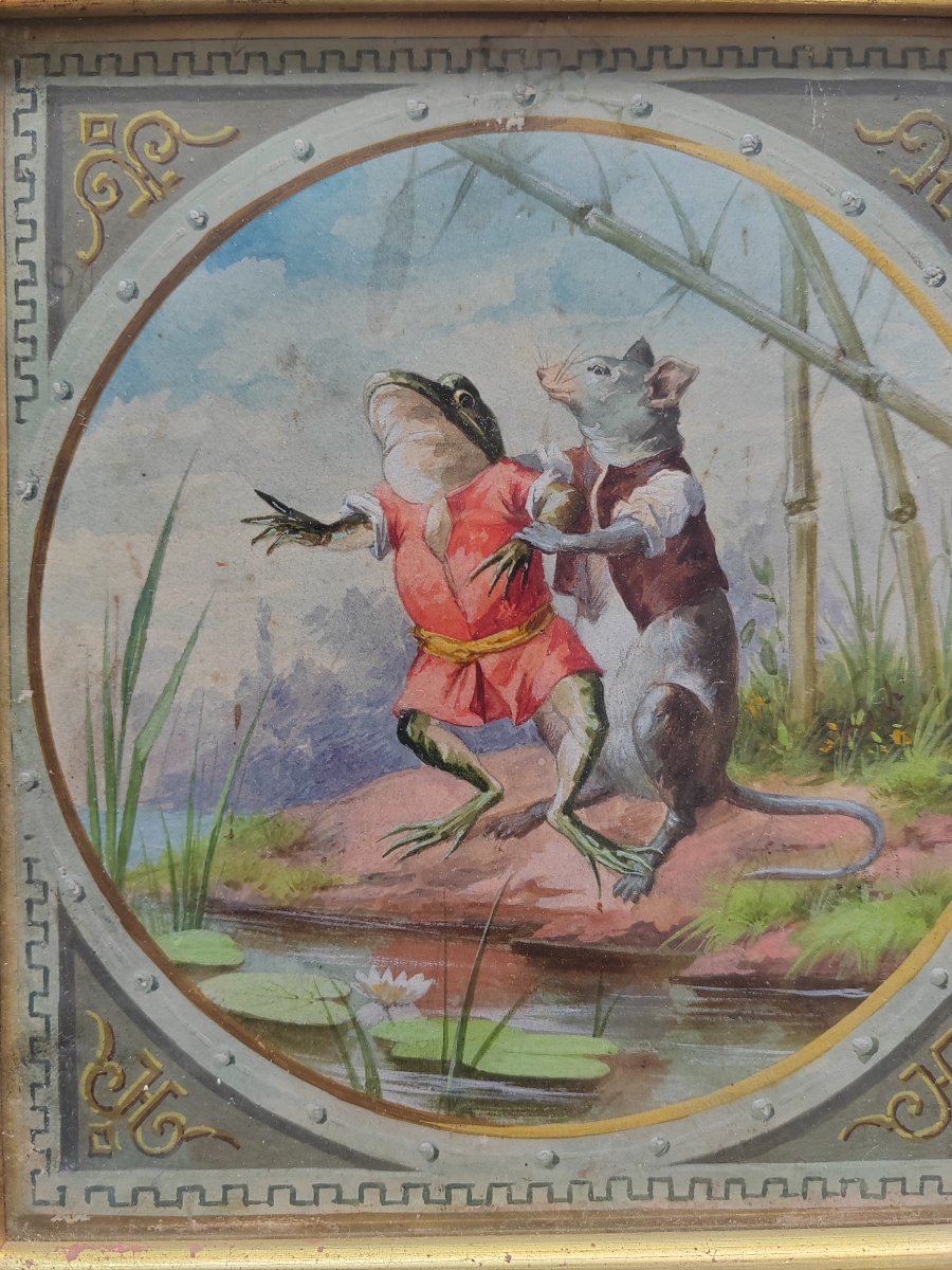 Gouache: 18th Fable, "the Frog And The Rat" By Jean De La Fontaine-photo-1