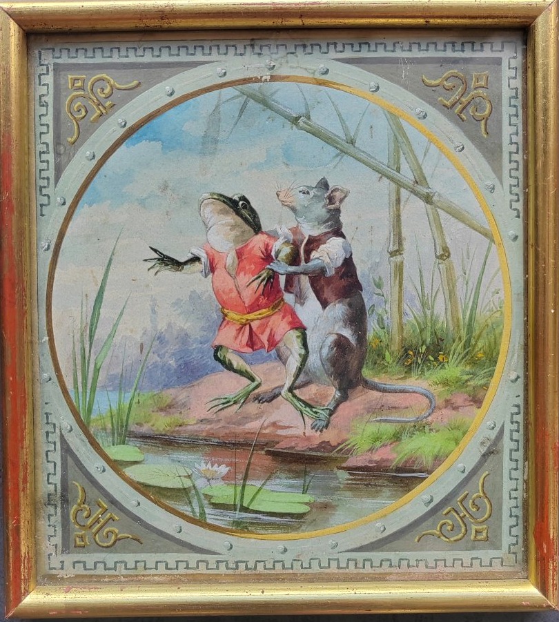 Gouache: 18th Fable, "the Frog And The Rat" By Jean De La Fontaine