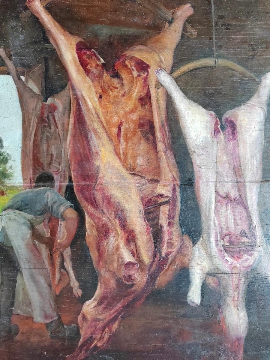 "the Butcher" (french School, Circa 1920) — Large Painting -photo-2