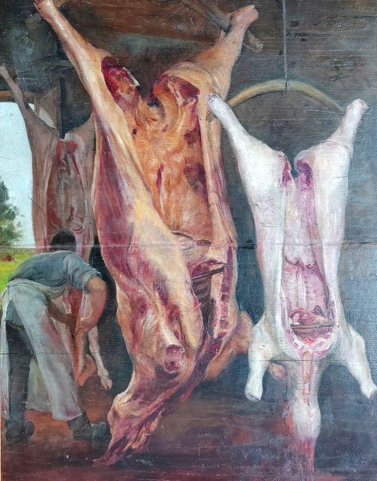 "the Butcher" (french School, Circa 1920) — Large Painting -photo-1
