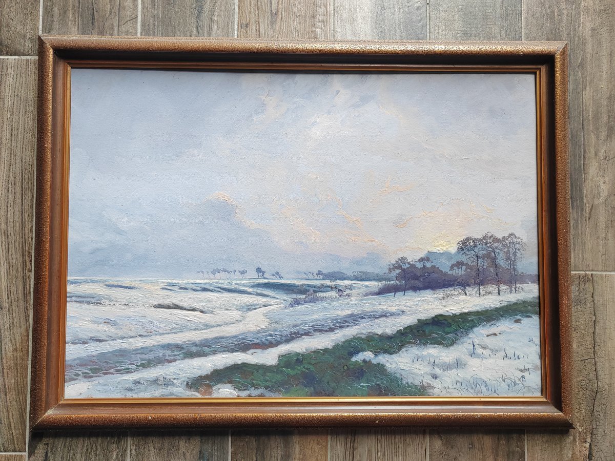 André Paul Leroux (1870-1950) environs de Fecamp sous la neige grande gouache-photo-2