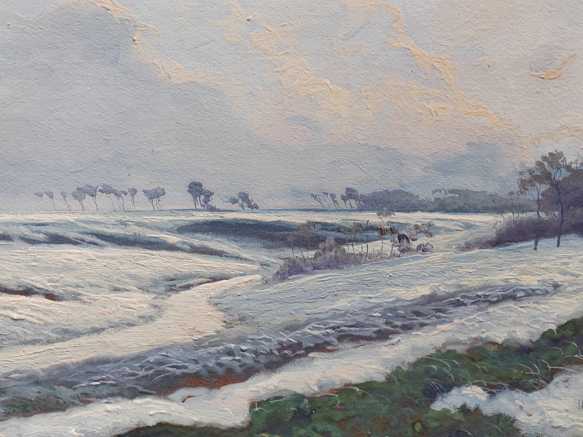 André Paul Leroux (1870-1950) environs de Fecamp sous la neige grande gouache-photo-3
